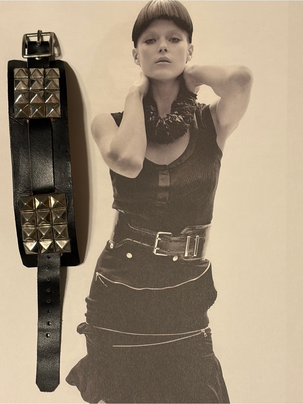 Black Studded Leather Cuff Bracelet with Silver Pyramid Studs